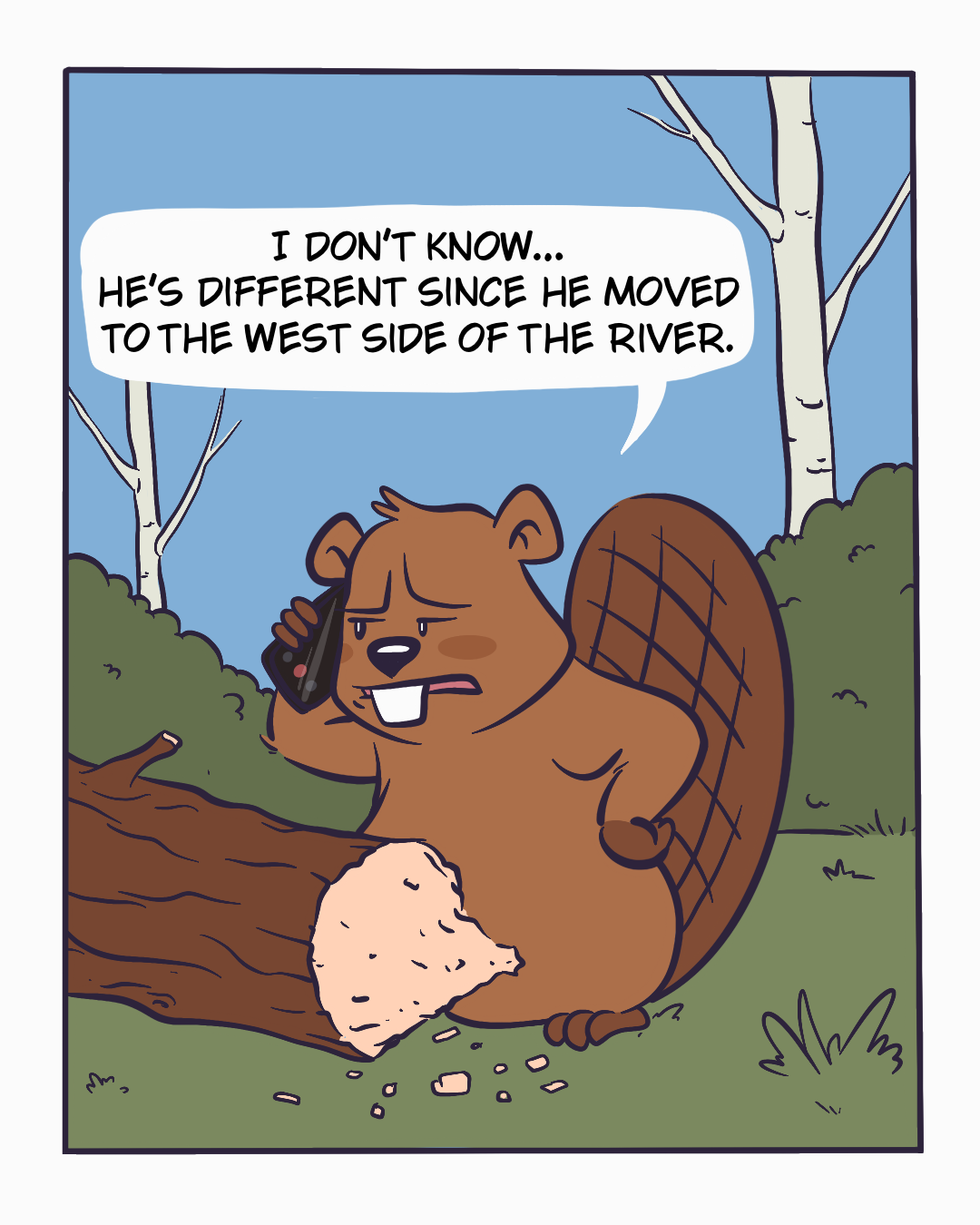 The beaver replies: I don't know. He's different since he moved to the west side of the river.