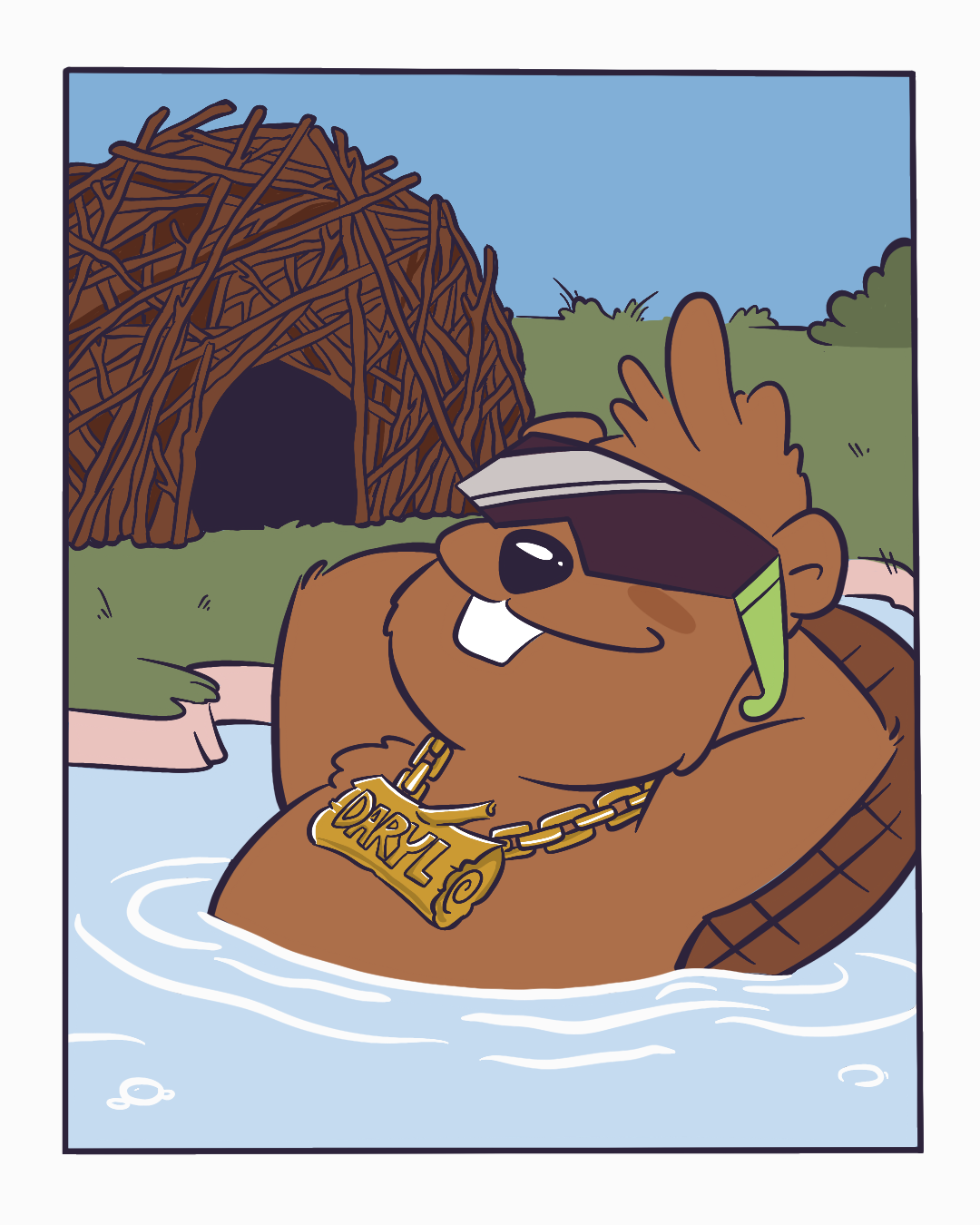Daryl the beaver floats in the river wearing sunglasses, a backwards cap, and a gold chain that says Daryl.