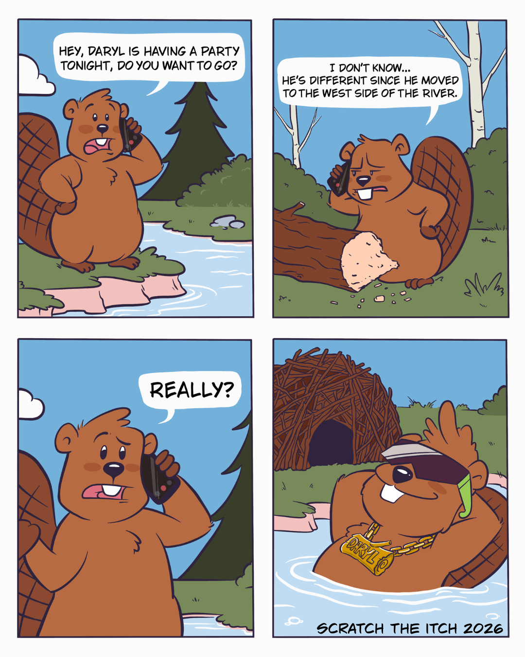 Full strip: friends gossip about how Daryl has changed since moving to the west side of the river, ending on Daryl living his best life in a gold chain.