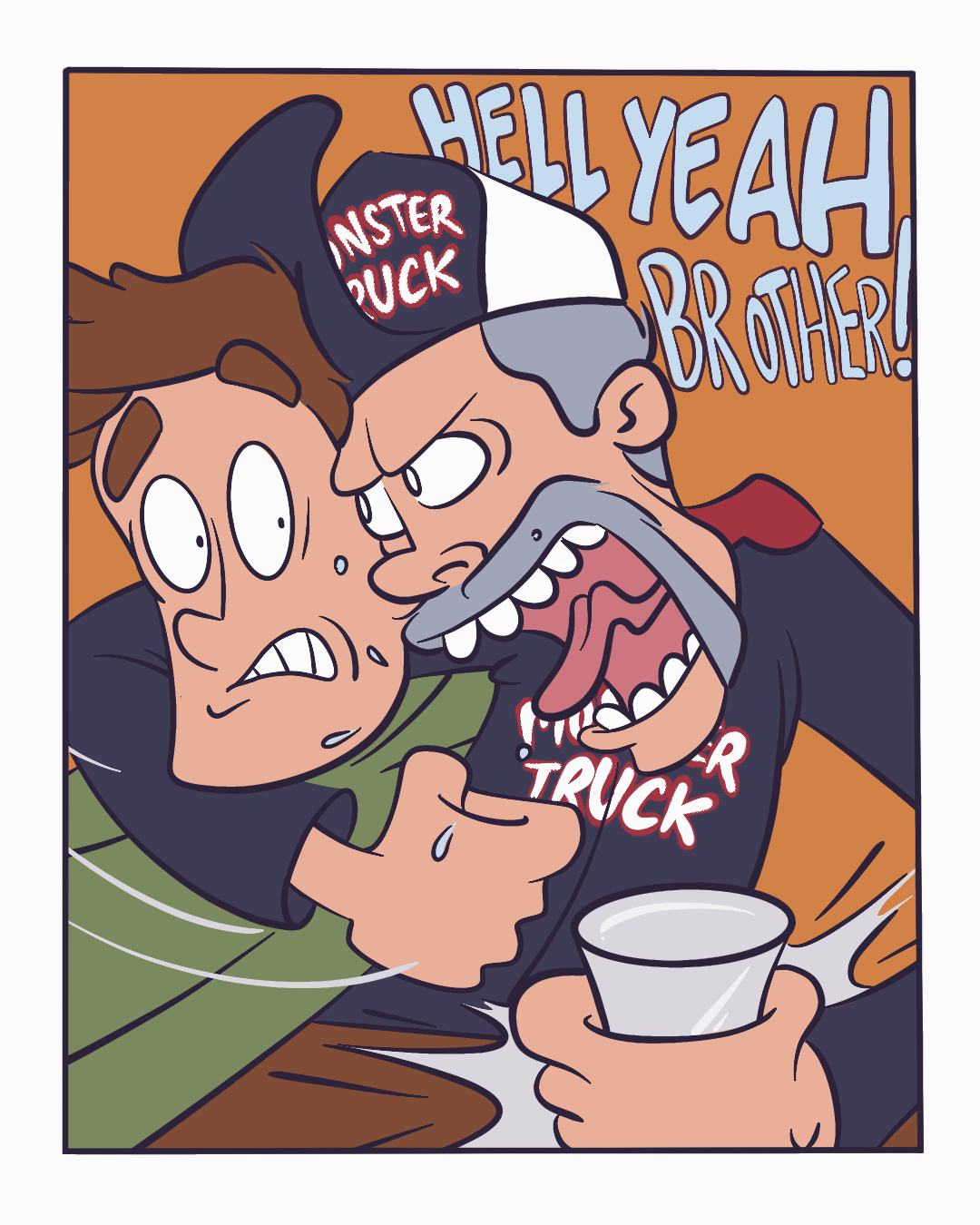 The driver grabs him and shouts: Hell yeah, brother!