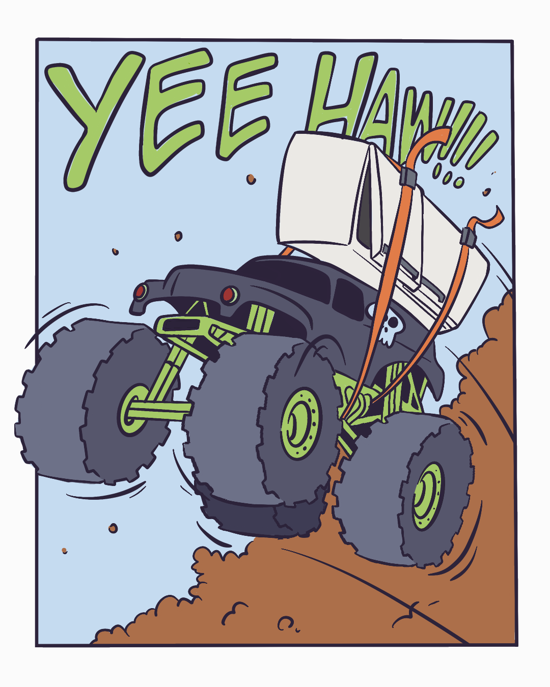 An actual monster truck comes flying in. Yee haw!