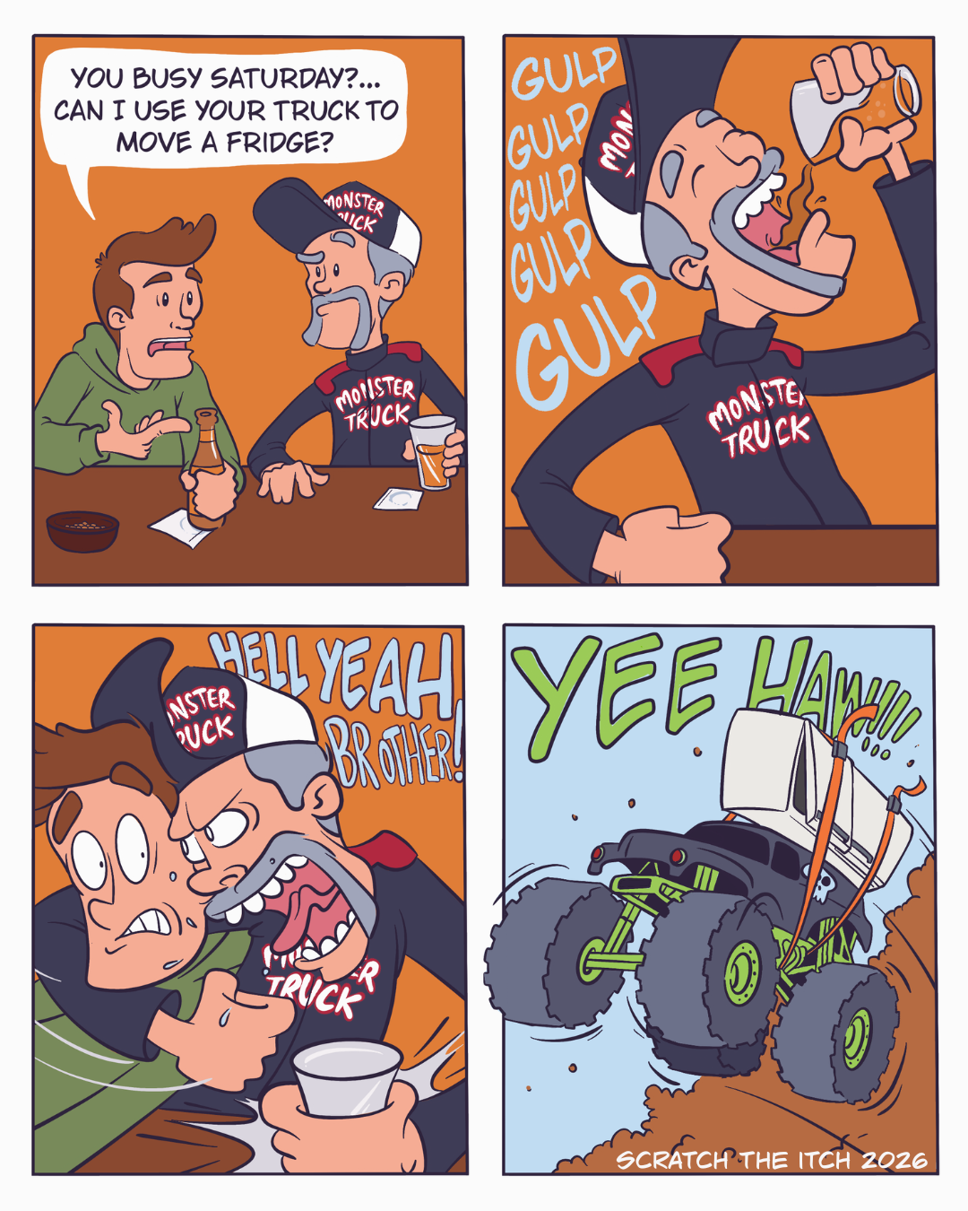 Full strip: a guy just wants to borrow a truck to move a fridge, and the monster truck driver takes it way too literally.