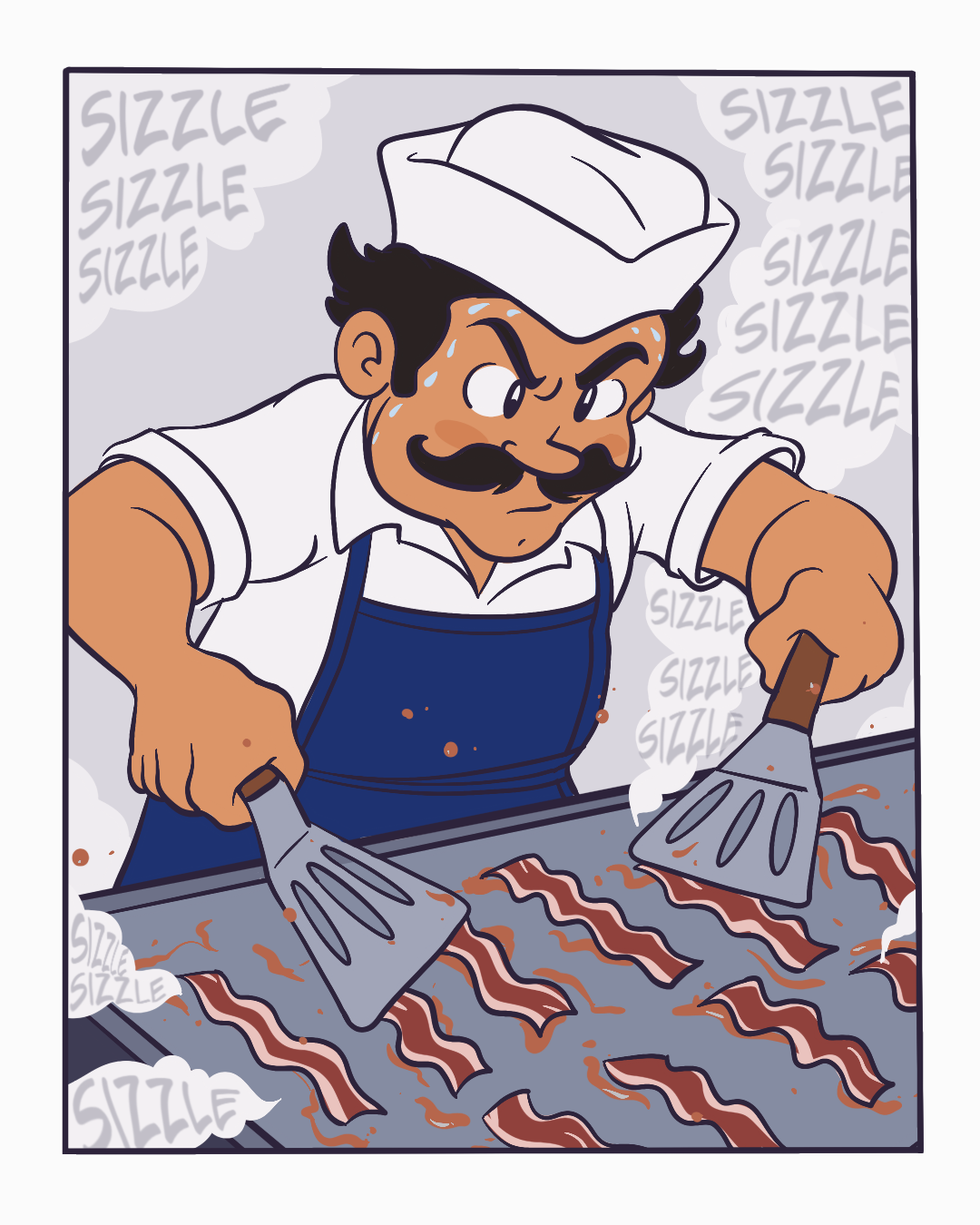 A line cook sweats over the grill, sizzling row after row of bacon.