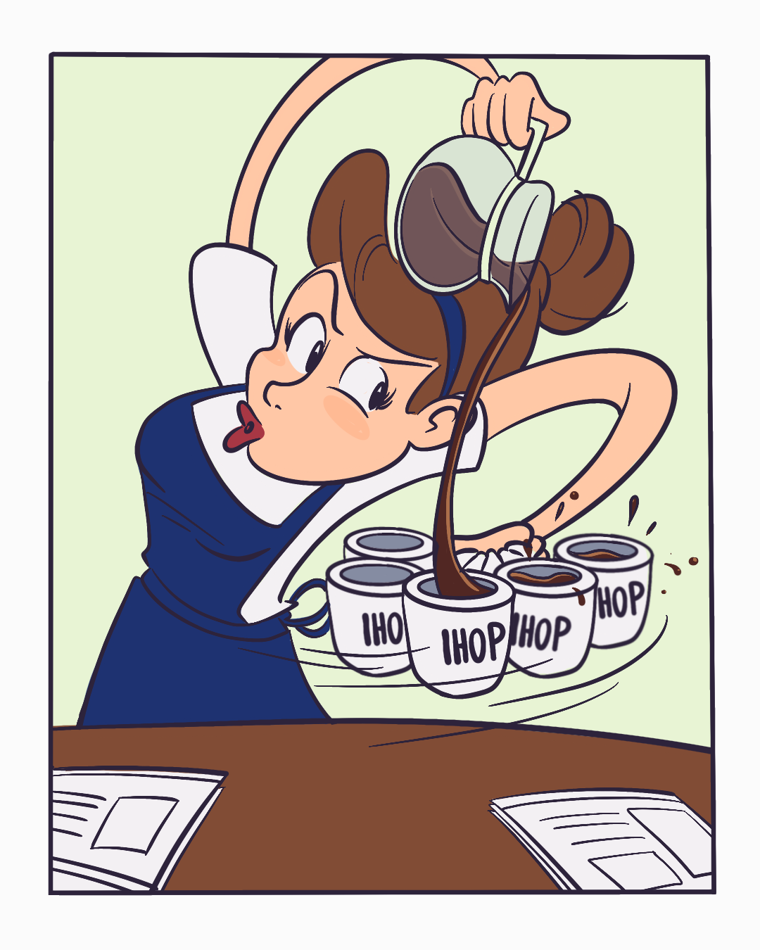 A waitress pours coffee into four mugs at once without spilling a drop.
