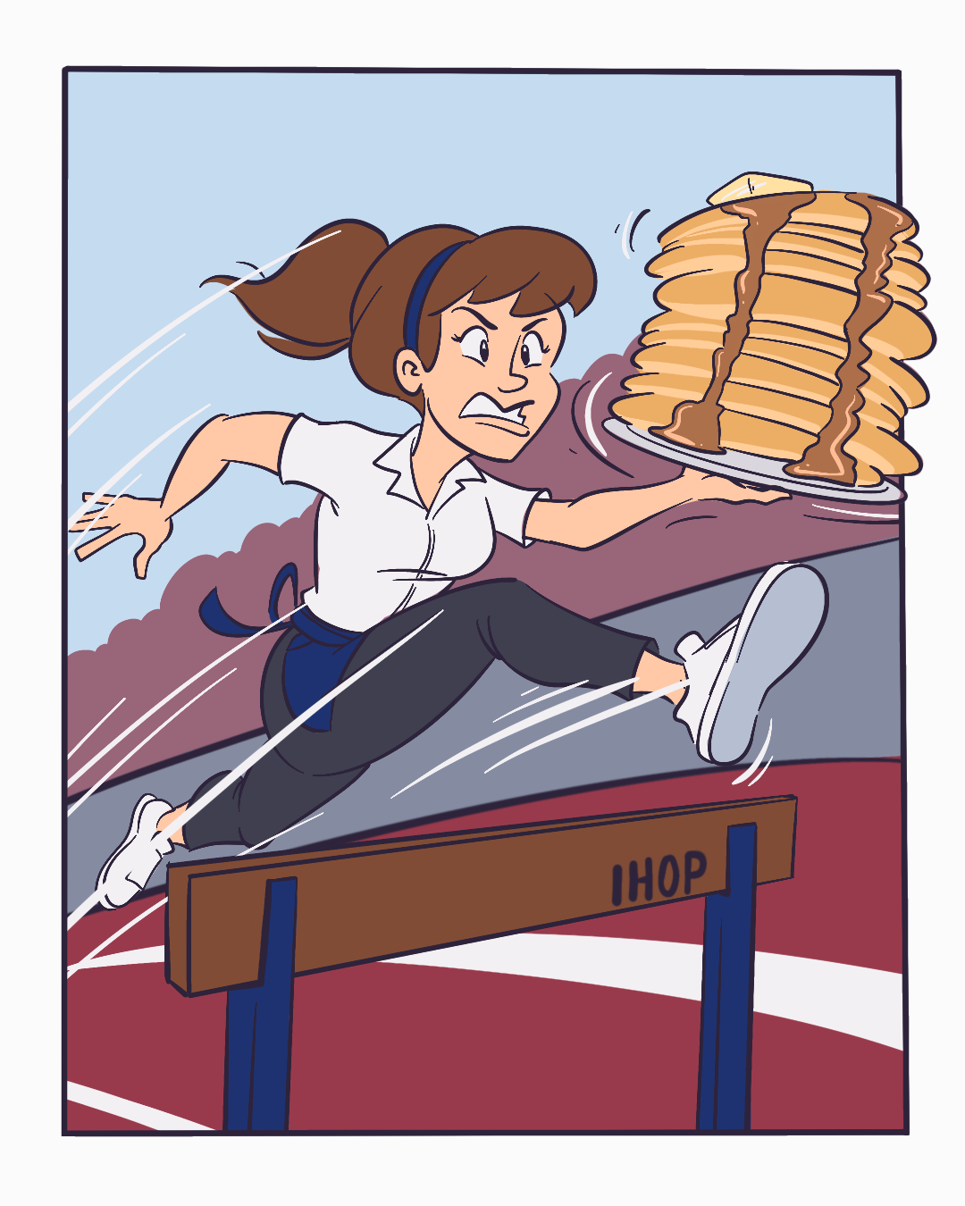 The waitress hurdles over an IHOP-branded hurdle, balancing a towering stack of pancakes on a tray.