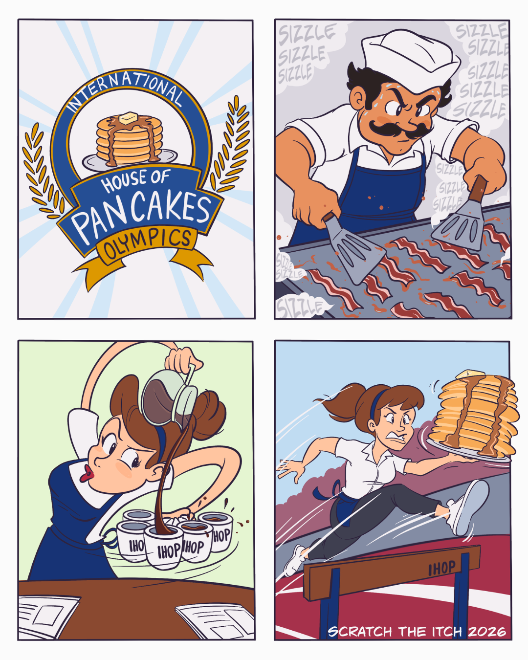 Full strip: breakfast service reimagined as an Olympic sport, bacon, coffee, and a pancake hurdle sprint.