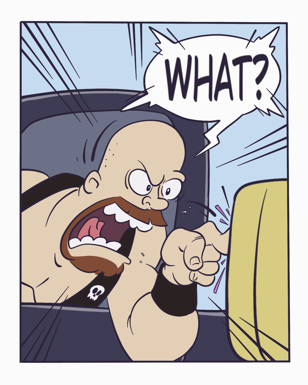 The driver yells again, pointing furiously at the speaker: What?