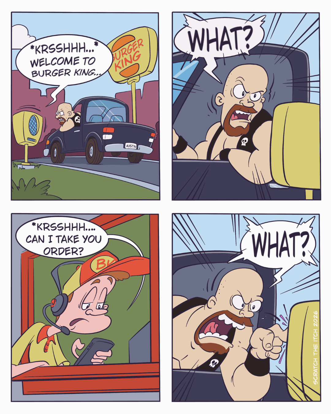 Full strip: a tough guy at a Burger King drive-thru can't hear the crackly intercom and just keeps yelling what.