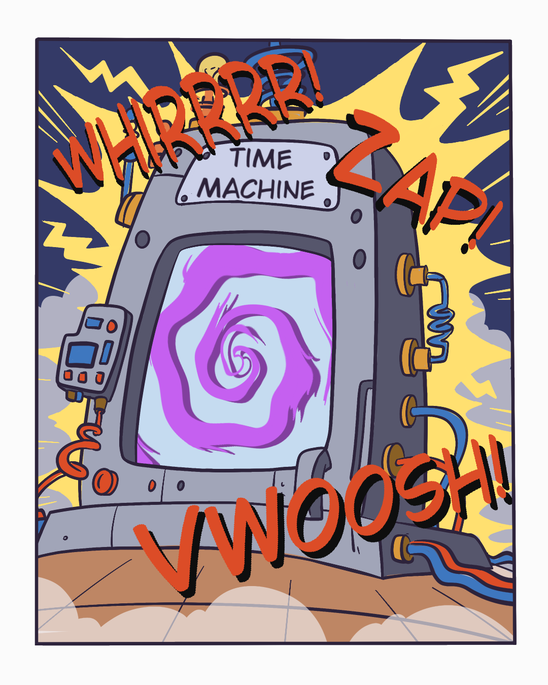 The time machine whirrs, zaps, and vwooshes as its portal glows, sending the scientist back in time.