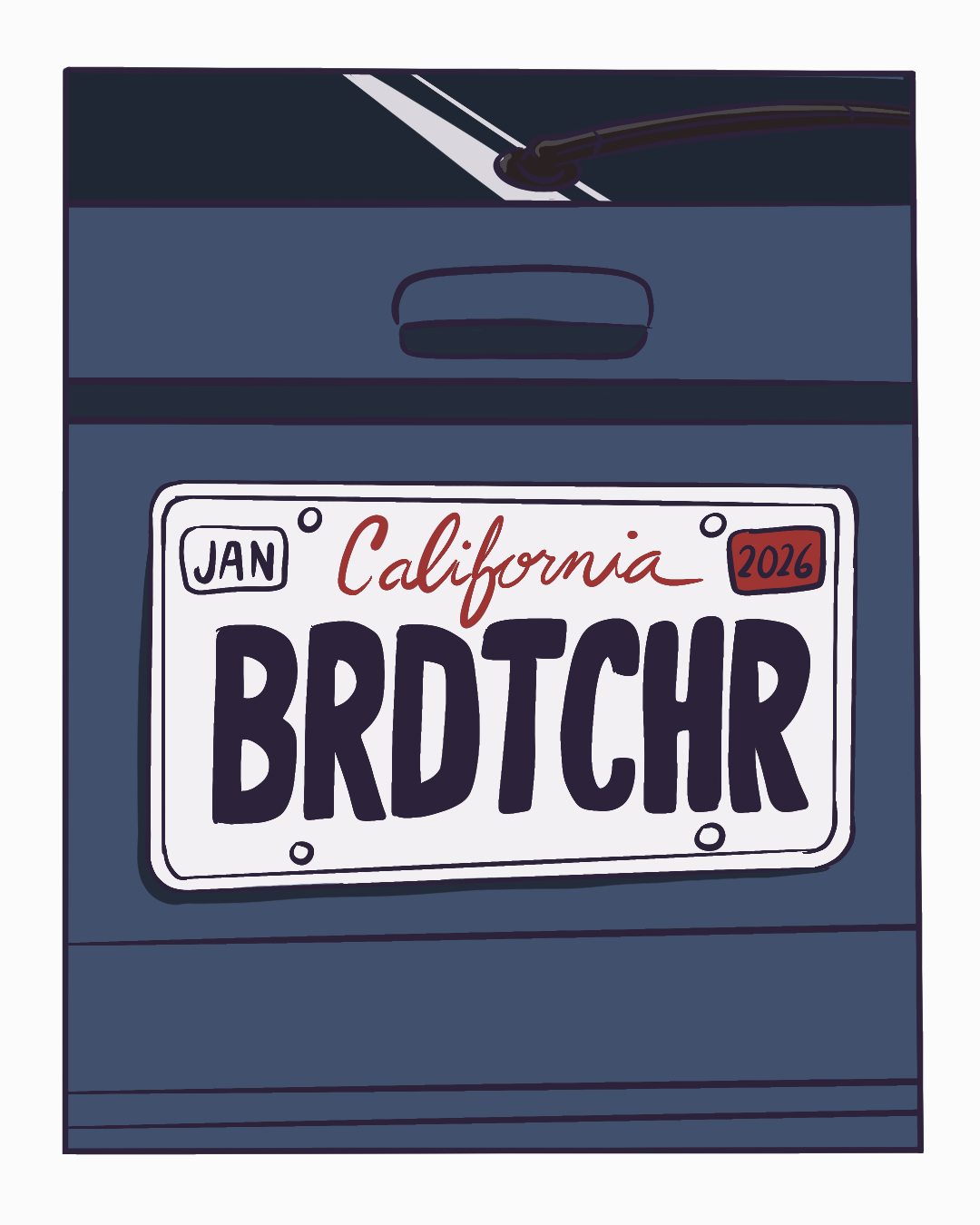 Close on the truck's California license plate, which reads BRDTCHR.